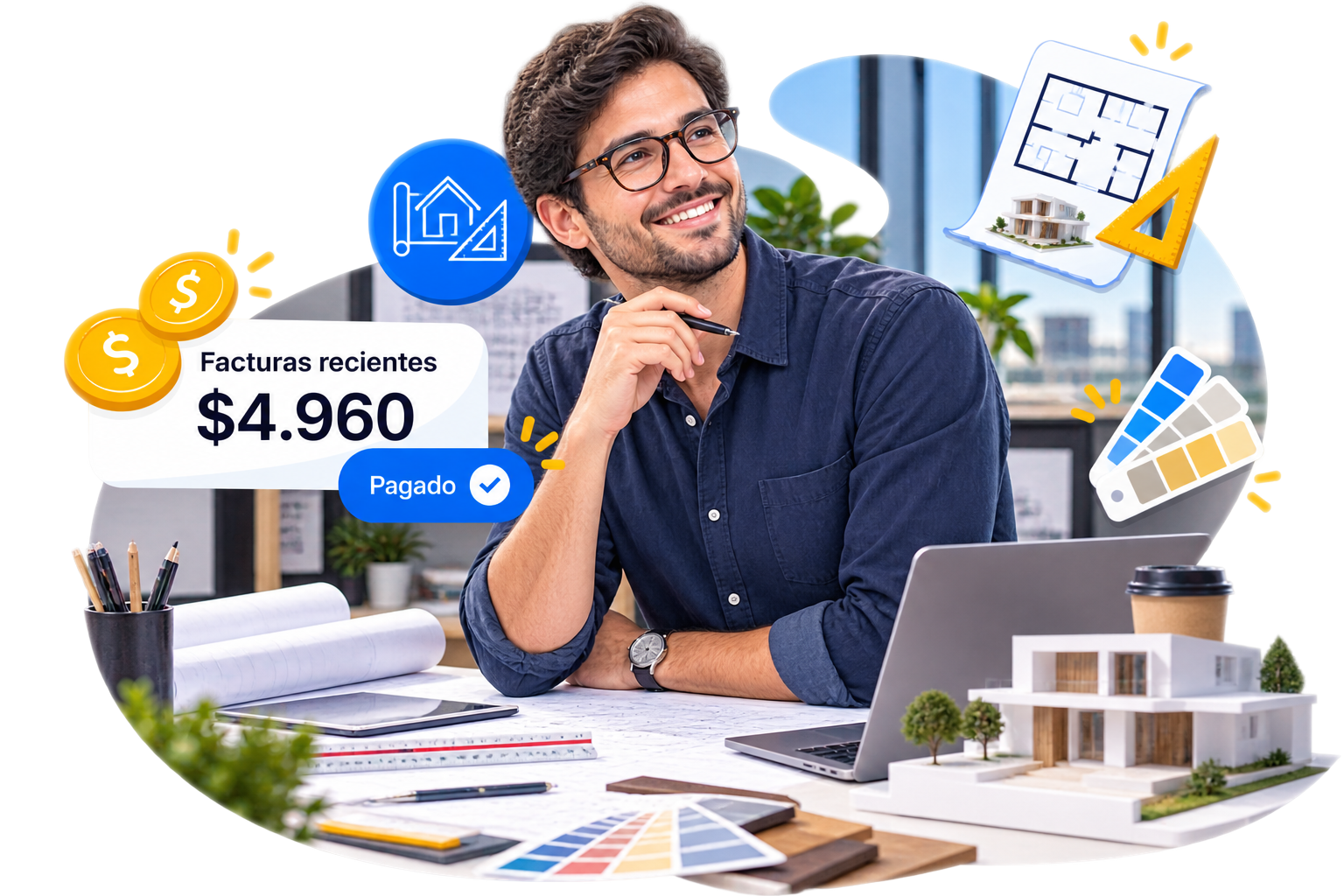 Arquitecto con lentes sonriendo frente a planos y una maqueta de casa, con íconos de facturas pagadas