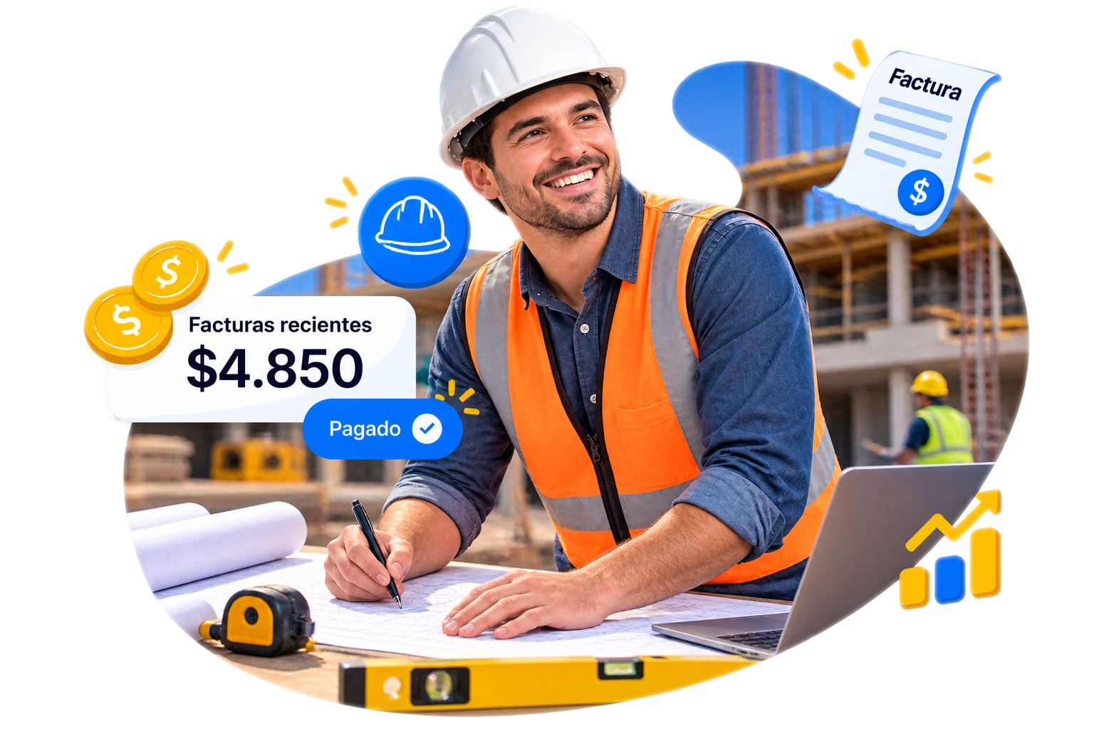 Trabajador de construcción con casco sonriendo frente a planos, con íconos de facturas recientes pagadas