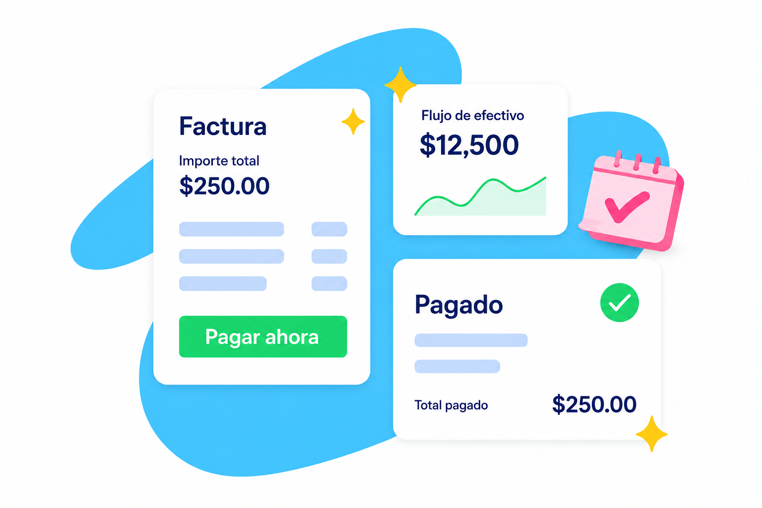 Ilustración de facturación: factura pagada, flujo de efectivo y confirmación de pago al día
